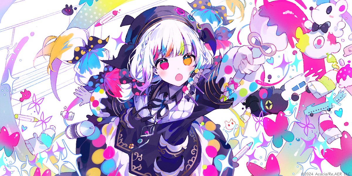 1girl, :o, arm_up, beret, black_bow, black_hat, black_jacket, black_ribbon