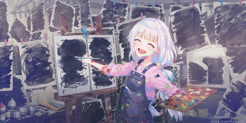 1girl, :d, ^_^, art_brush, artist_painter, blunt_bangs, braid, canvas_(object)