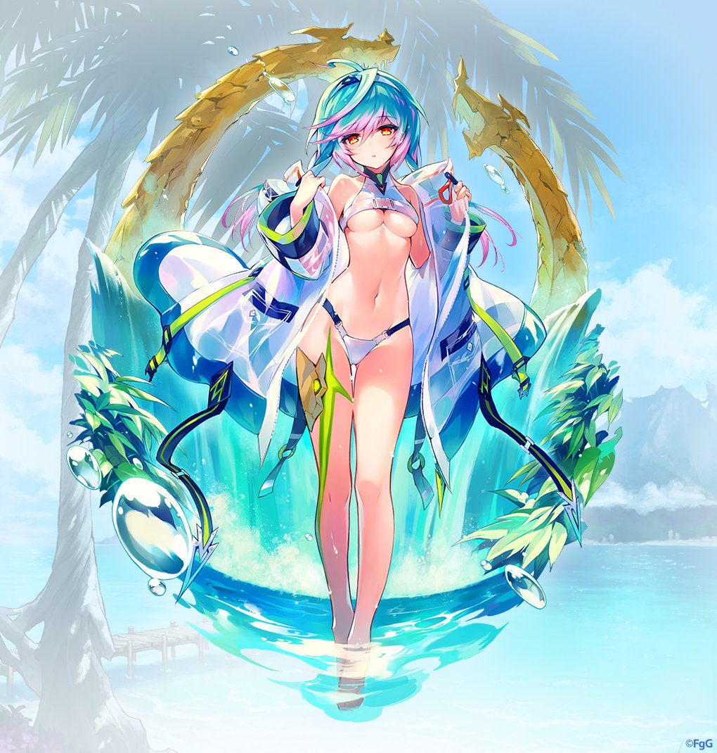1girl, barefoot, blue_hair, breasts, cassius_(phantom_of_the_kill), full_body, looking_at_viewer, navel