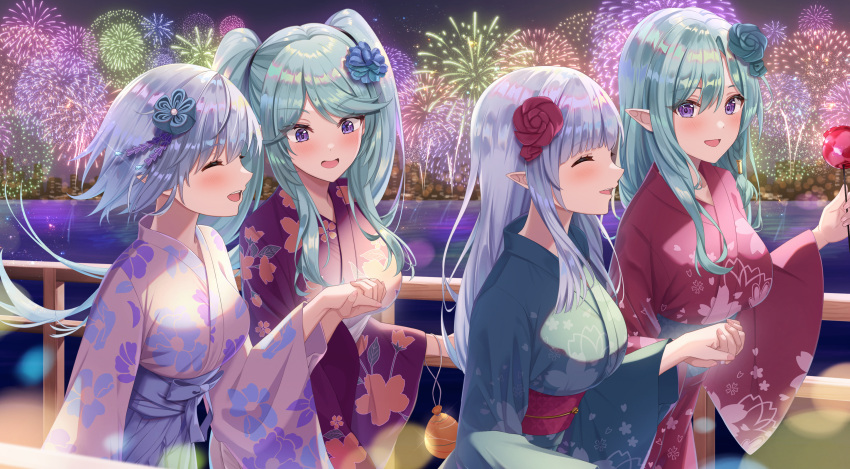 4girls, absurdres, beta_(kage_no_jitsuryokusha_ni_naritakute!), blunt_bangs, blush, choppy_bangs, epsilon_(kage_no_jitsuryokusha_ni_naritakute!), fireworks