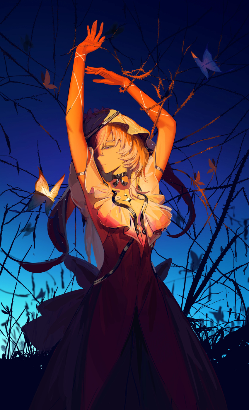 1girl, absurdres, alternate_hair_color, arms_up, blue_butterfly, blue_sky, breasts, bug