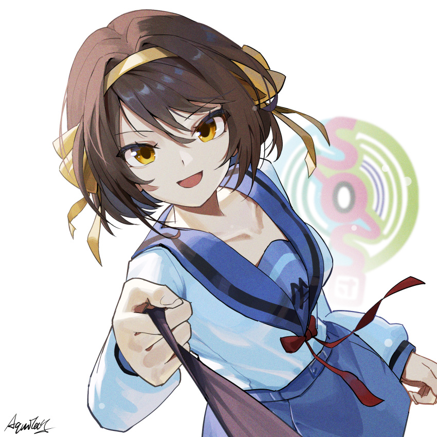 1girl, aquilar, blue_sailor_collar, blue_skirt, brown_eyes, brown_hair, hair_ribbon, hairband