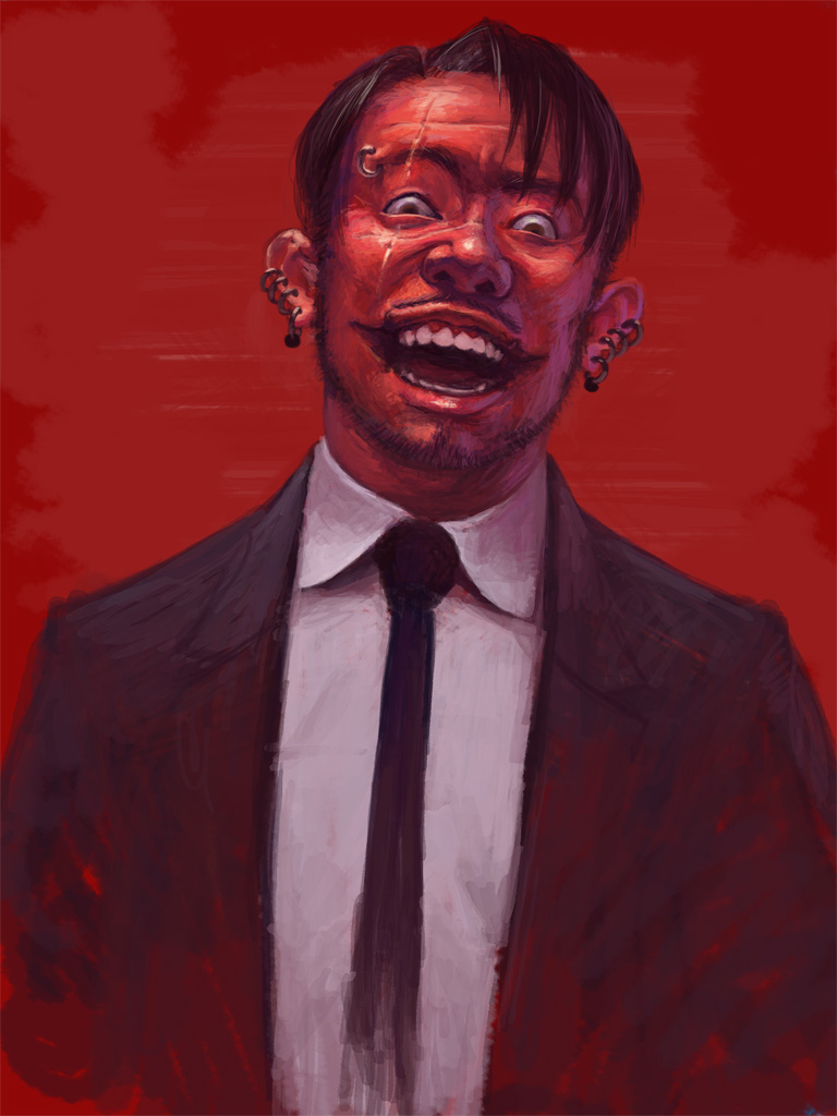 1boy, arms_at_sides, beard_stubble, black_hair, black_jacket, black_necktie, collared_shirt, colored_skin