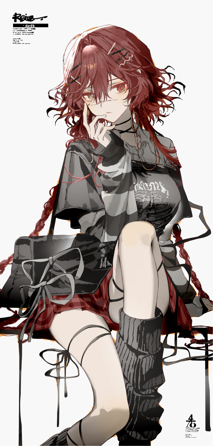 1girl, absurdres, bag, beat5727, black_socks, braid, checkered_clothes, checkered_skirt