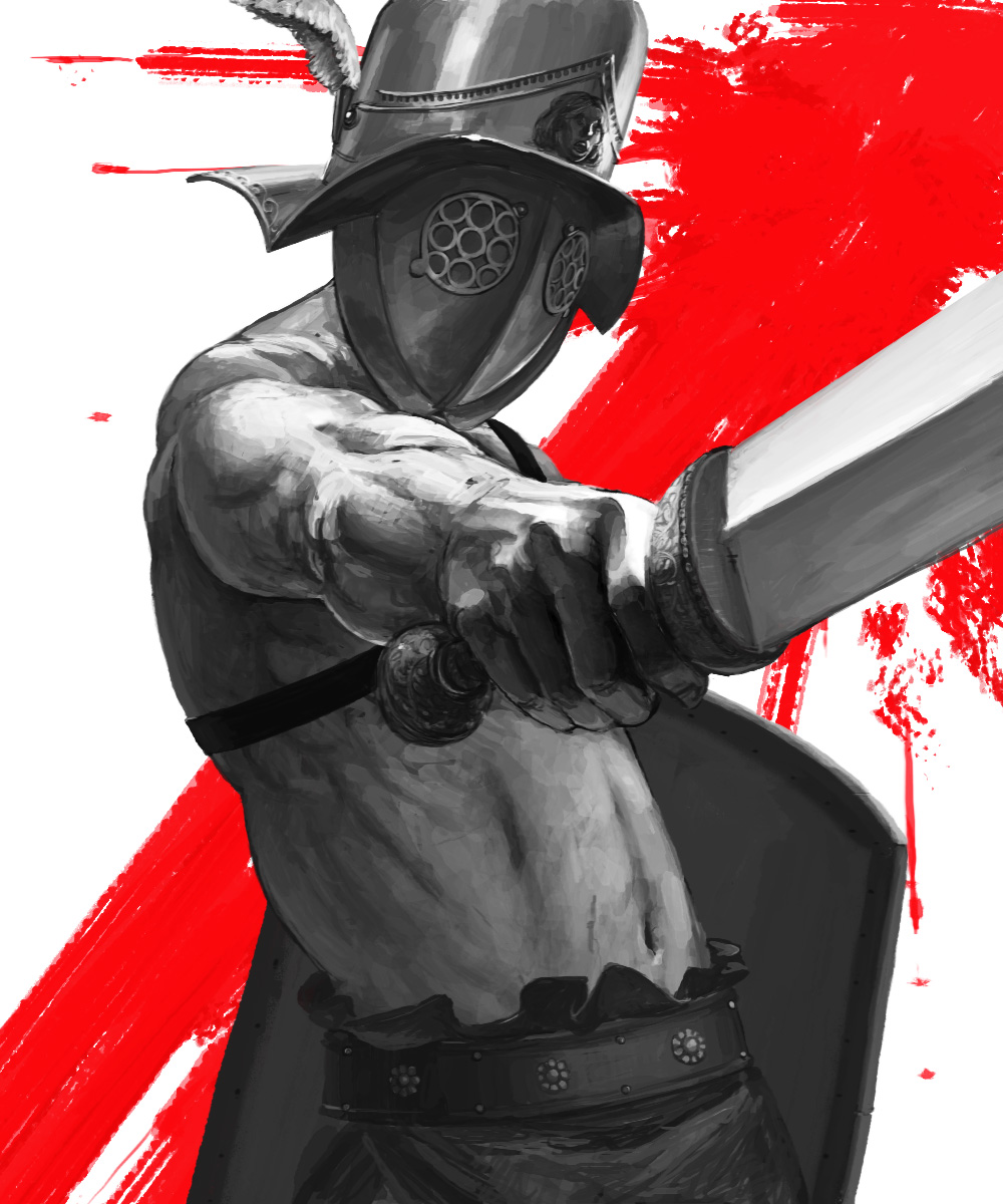 1boy, belt, commentary_request, covered_face, edomon_(toriaezu), gladiator, greyscale_with_colored_background, helm, helmet, highres, holding, holding_sword, holding_weapon, male_focus, navel, original, outstretched_arm, partial_commentary, pointing_melee_weapon, realistic, red_background, shield, solo, splatter_background, standing, stomach, sword, toned, toned_male, topless_male, upper_body, weapon