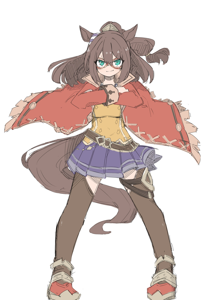 1girl, absurdres, animal_ears, black_thighhighs, blue_skirt, brown_hair, coat, crossed_arms