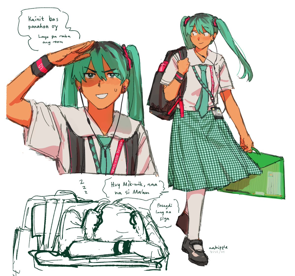 1girl, aakipple, alternate_skin_color, aqua_eyes, aqua_hair, aqua_skirt, backpack, bag