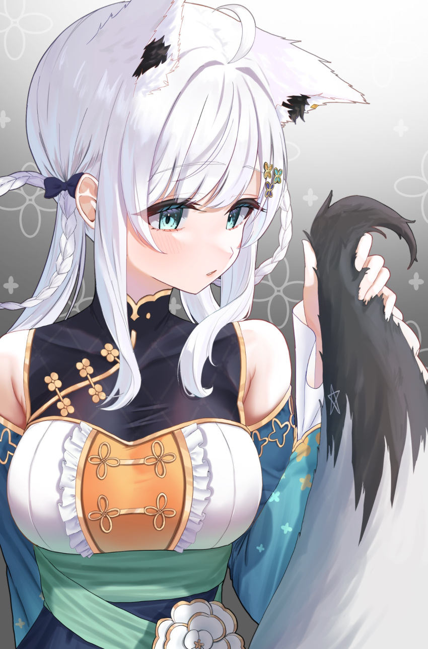 1girl, ahoge, animal_ear_fluff, animal_ears, bare_shoulders, braid, breasts, commentary_request