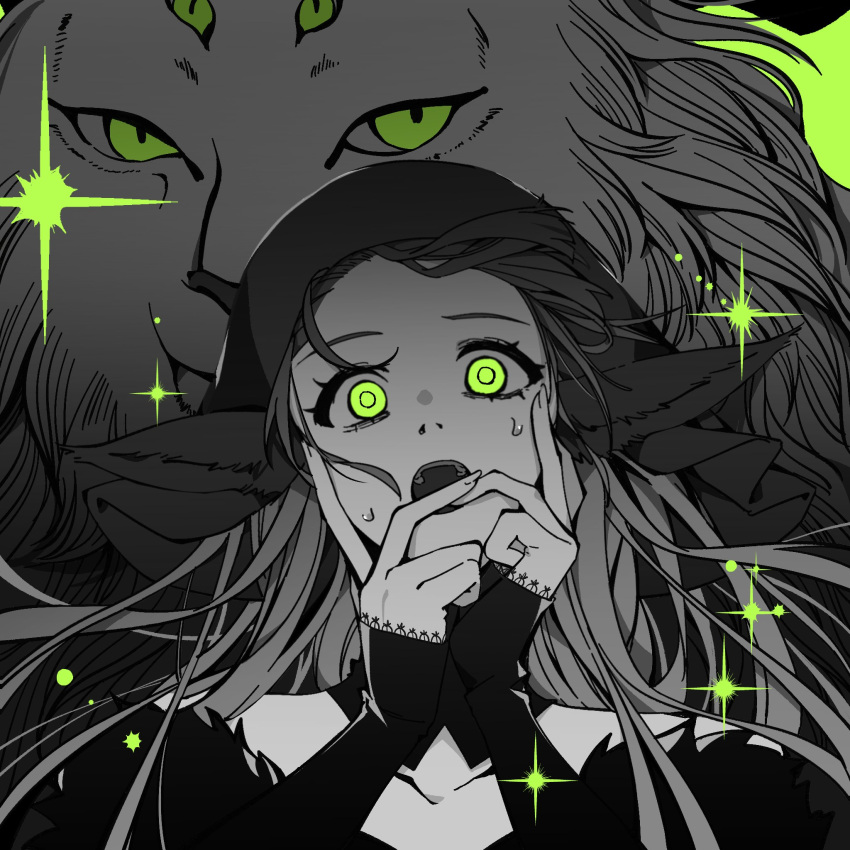 1girl, detached_hood, dress, dungeon_meshi, ear_covers, elf, extra_eyes, fur_trim, green_background, green_eyes, hands_on_own_face, highres, kevinzyqqq, long_hair, looking_at_viewer, marcille_donato, marcille_donato_(lord), monochrome, open_mouth, pointy_ears, simple_background, sparkle, spoilers, spot_color, sweatdrop, wide-eyed, winged_lion_(dungeon_meshi)