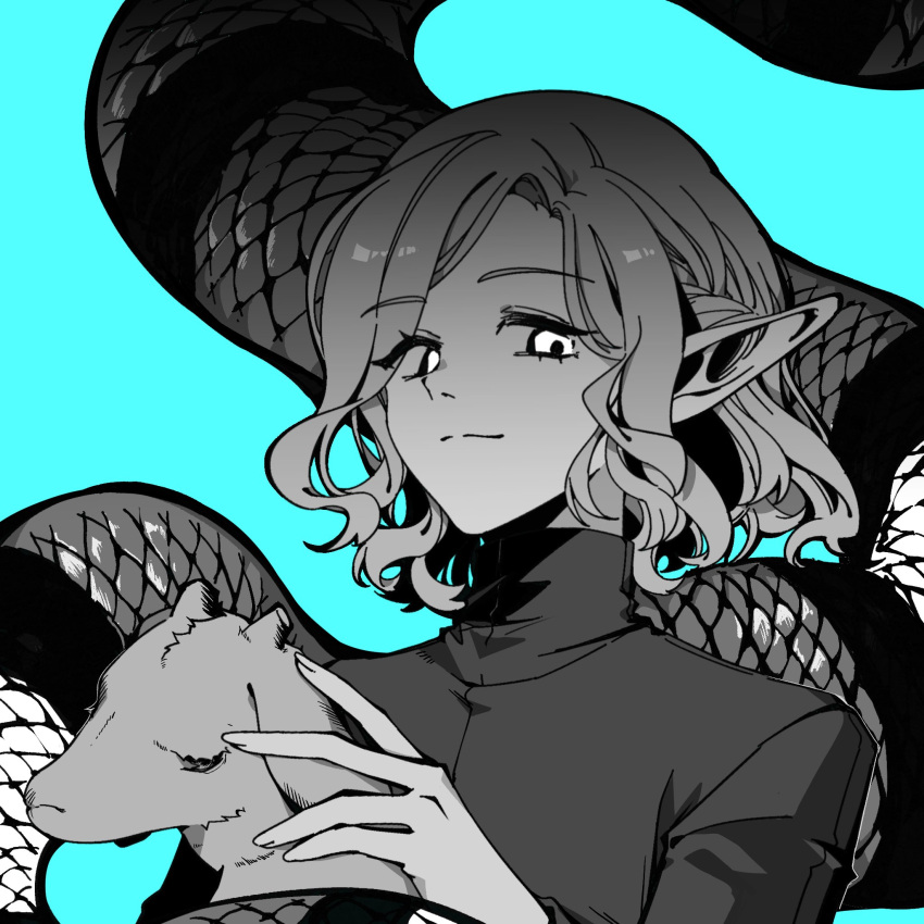 1boy, aqua_background, dungeon_meshi, elf, goat, goat_(dungeon_meshi), half_up_braid, hand_on_animal