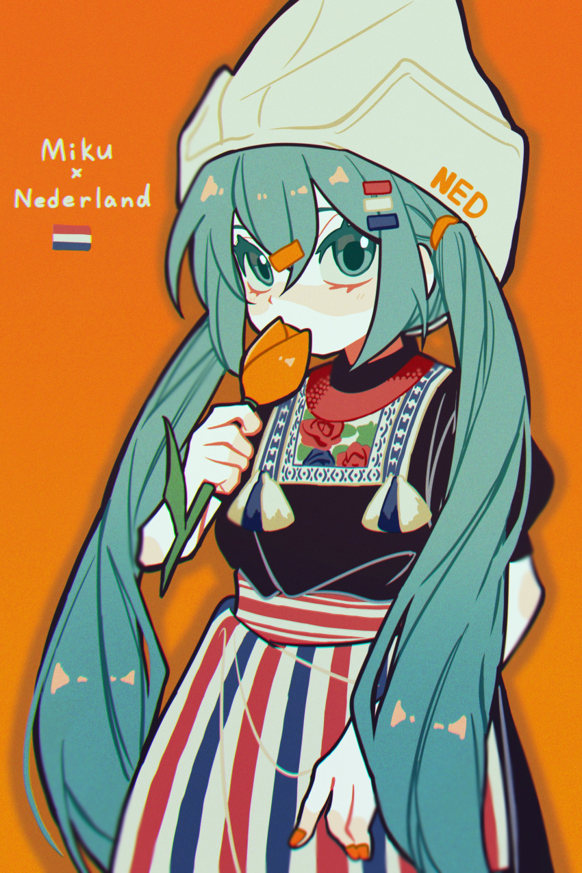 1girl, absurdres, apron, aqua_eyes, aqua_hair, black_dress, botta_kuri, character_name, commentary_request, dress, dutch_clothes, dutch_flag, english_commentary, flower, hair_ornament, hairclip, hand_up, hatsune_miku, highres, holding, holding_flower, long_hair, looking_at_viewer, orange_background, orange_flower, orange_nails, puffy_short_sleeves, puffy_sleeves, short_sleeves, simple_background, solo, standing, striped_apron, striped_clothes, twintails, very_long_hair, vocaloid