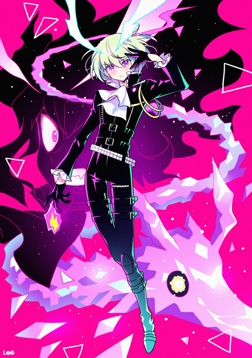 1boy, :|, androgynous, ankle_belt, arm_at_side, arm_up, ascot, belt