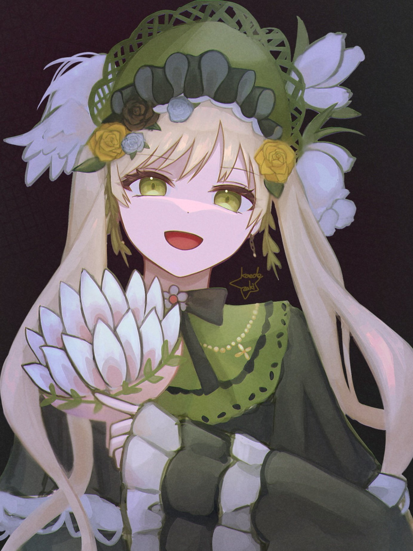 1girl, :d, blonde_hair, bonnet, brown_background, commentary_request, earrings, flower