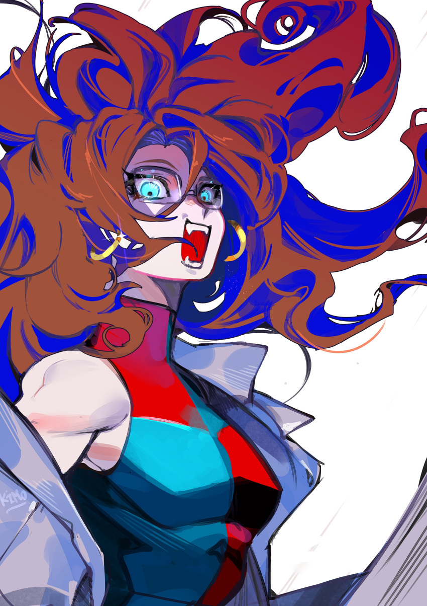 1girl, absurdres, android, android_21, artist_name, black-framed_eyewear, blue_eyes, dragon_ball, dragon_ball_fighterz, dress, earrings, english_commentary, fangs, floating_clothes, floating_hair, glasses, glowing, glowing_eyes, gold_earrings, highres, hoop_earrings, jewelry, kimo, lab_coat, long_hair, looking_at_viewer, open_mouth, orange_hair, single_bare_shoulder, sleeveless, sleeveless_dress, solo, upper_body, white_background