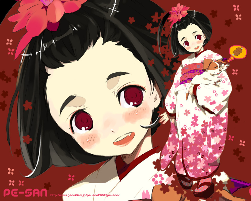 black_hair, blush, boned_meat, dog, dreaming, flower, food, hair_flower