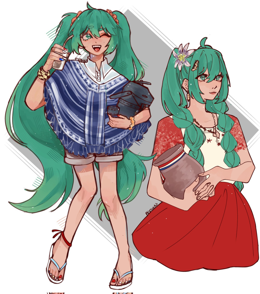1girl, :3, :d, ahoge, alternate_costume, alternate_hairstyle, aqua_eyes, aqua_hair, blue_nails, blue_poncho, bracelet, braid, brown_shorts, closed_mouth, collared_shirt, commentary, corrupted_twitter_file, cup, dress_shirt, drink, drinking_straw, expressionless, eyelashes, flip-flops, flower, full_body, gold_bracelet, grey_background, hair_between_eyes, hair_flower, hair_ornament, hatsune_miku, highres, holding, holding_cup, holding_drink, holding_drinking_straw, holding_kettle, jewelry, kettle, lace_shrug, lipstick, long_hair, looking_afar, looking_at_viewer, looking_to_the_side, makeup, multicolored_nails, multiple_views, nail_polish, necklace, one_eye_closed, paraguay, passion_flower, pink_flower, pink_lips, pink_scrunchie, pionikky, poncho, red_nails, red_shrug, red_skirt, sandals, scrunchie, see-through_shrug, shirt, shorts, skirt, smile, solo_focus, square, standing, teeth, thick_eyebrows, toenail_polish, toenails, twin_braids, twintails, upper_teeth_only, very_long_hair, vocaloid, white_background, white_nails, white_shirt, wrist_scrunchie, yellow_scrunchie
