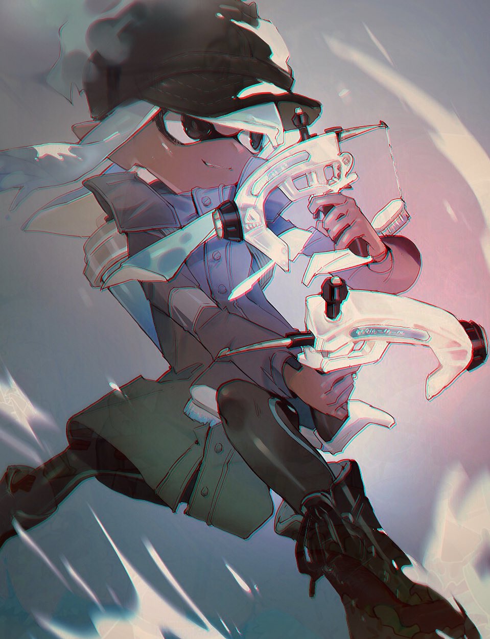1girl, black_eyes, black_footwear, black_hat, black_leggings, blue_hair, cabbie_hat, chromatic_aberration