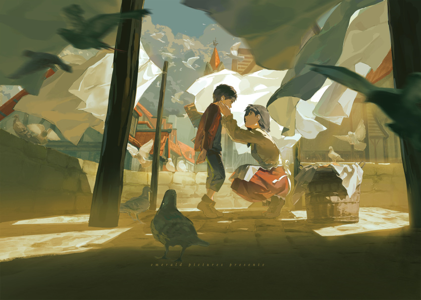 1boy, 1girl, aged_down, apron, basket, bird, black_hair, boots