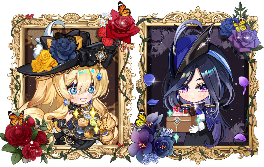 1boy, 1girl, black_flower, black_hat, black_rose, blue_flower, blue_rose, blush