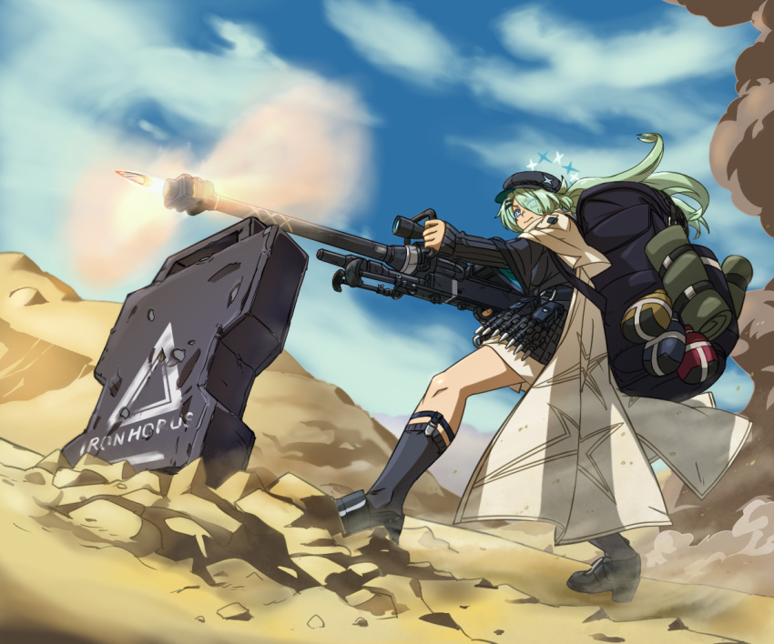1girl, anti-materiel_rifle, aqua_hair, backpack, bag, blue_archive, bullet, cabbie_hat