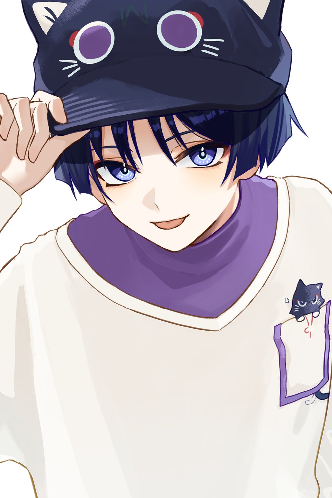 1boy, :p, adjusting_eyewear, arm_up, bishounen, black_hat, blunt_ends, breast_pocket