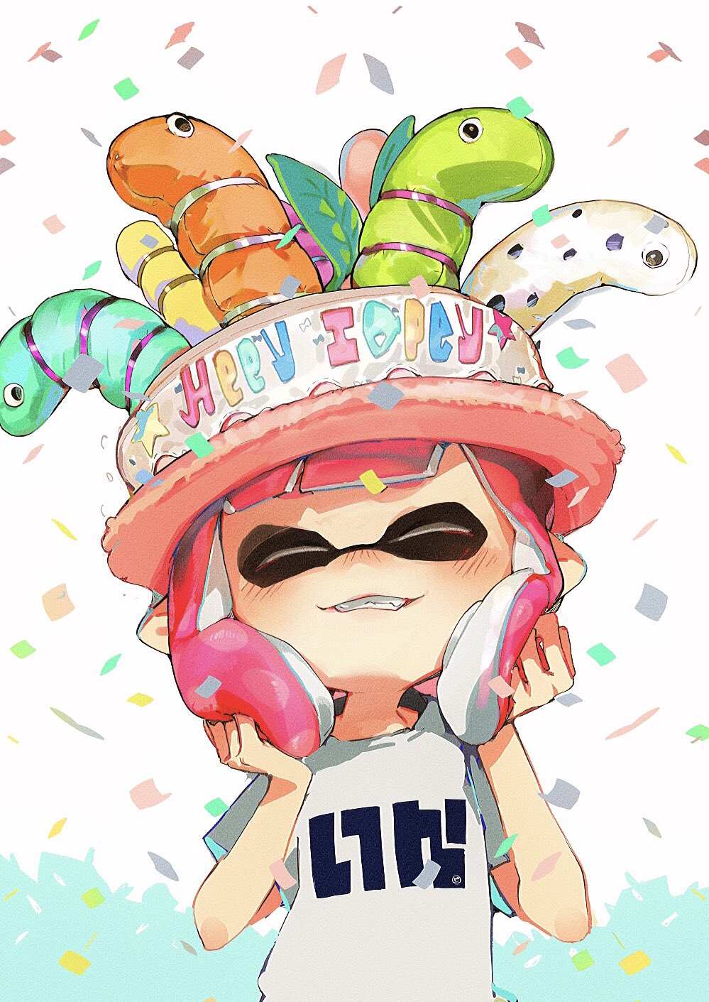 1girl, ^_^, blush, cake_hat, closed_eyes, clothes_writing, commentary, confetti