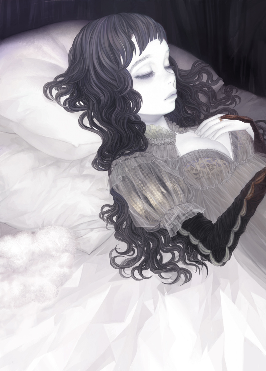 breasts, cleavage, closed_eyes, colored_eyelashes, eyelashes, eyes_closed, grey, hand_on_chest