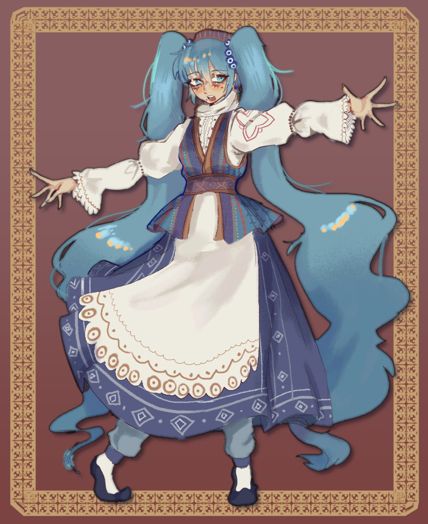 1girl, absurdres, apron, arms_up, blue_dress, blue_footwear, blue_hair, blue_pants, brown_hat, brown_sash, dress, eye_hair_ornament, full_body, hat, hatsune_miku, highres, juliet_sleeves, long_hair, long_sleeves, open_mouth, pants, puffy_sleeves, scarf, shoes, sidelocks, smile, socks, solo, trickubus, turkish_clothes, very_long_hair, vocaloid, white_apron, white_scarf, white_sleeves, white_socks