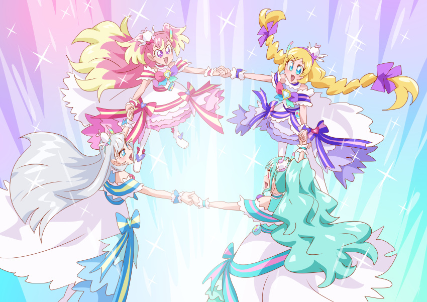 4girls, absurdres, blonde_hair, blue_eyes, cure_friendy, cure_friendy_(diamond_ribbon_style), cure_lillian, cure_lillian_(diamond_ribbon_style)