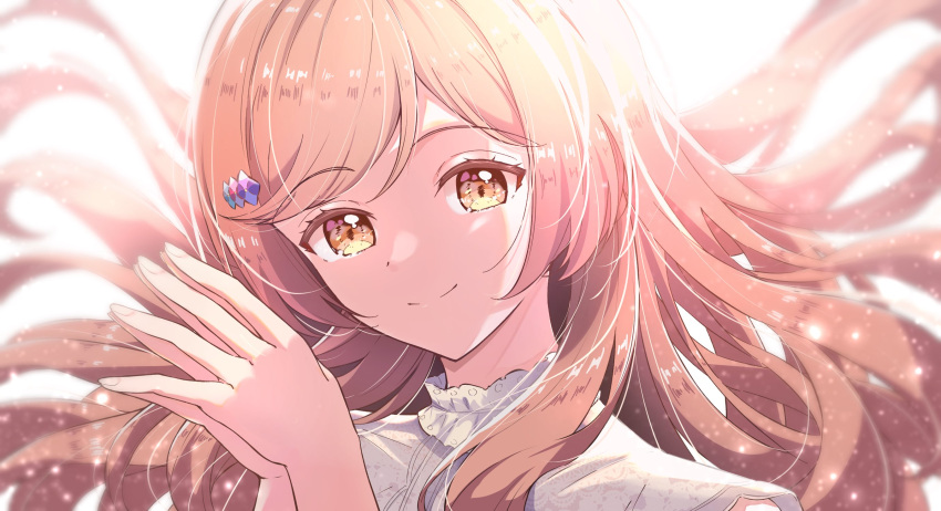 1girl, brown_hair, close-up, floating_hair, hair_ornament, highres, long_hair, rio_beginner