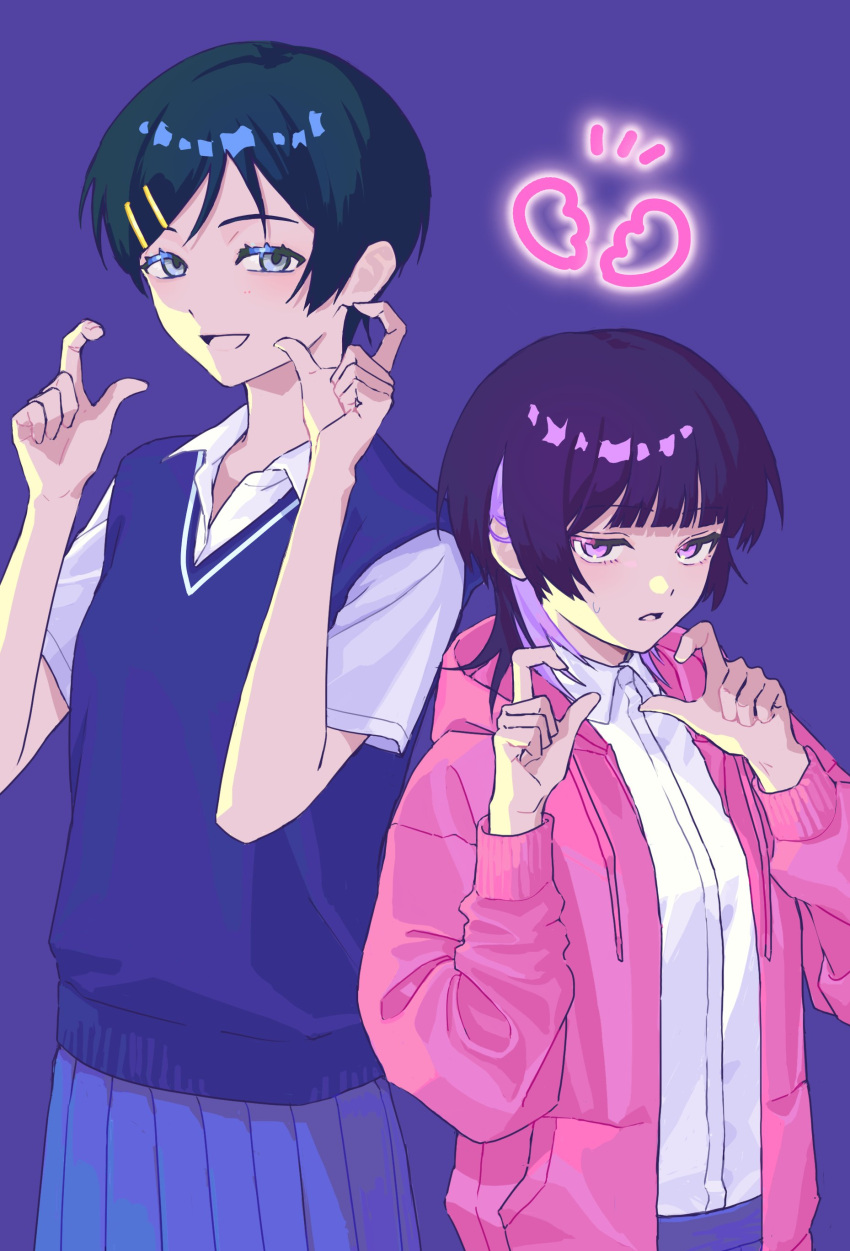 2girls, :d, absurdres, black_hair, blue_skirt, blue_sweater_vest, broken_heart, broken_heart_hands