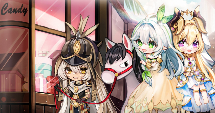 1boy, 2girls, ahoge, black_halmer, blonde_hair, bow, choker, dress