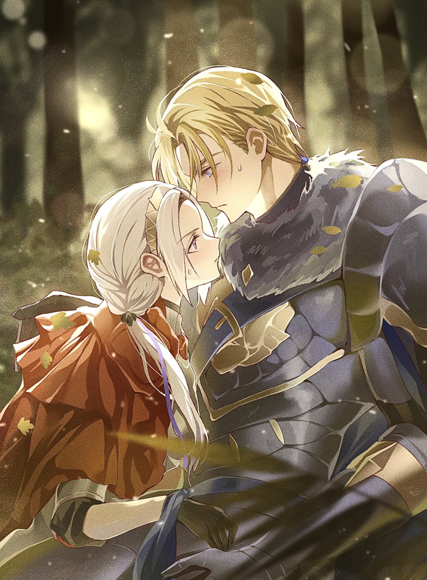 1boy, 1girl, armor, black_gloves, blonde_hair, blurry, blurry_background, capelet