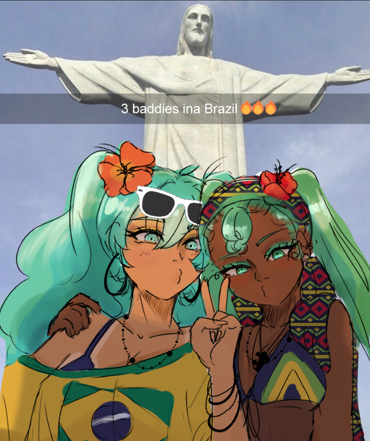 2girls, alternate_skin_color, bead_choker, bikini, bikini_under_clothes, borrowed_design, bracelet, brazil