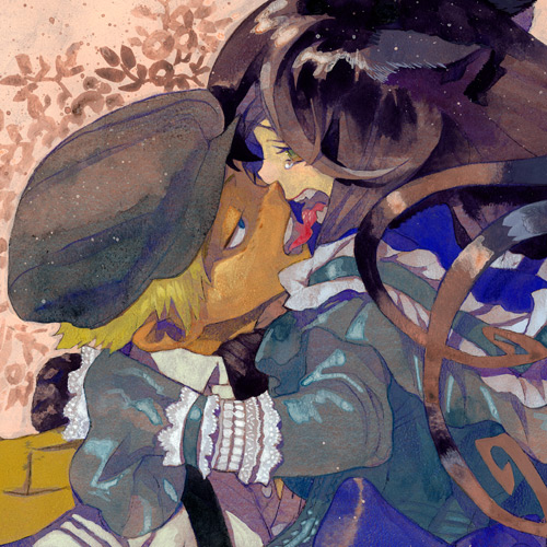 1girl, animal_ears, babe_ruth, black_hair, blonde_hair, blue_eyes, cat_ears, couple