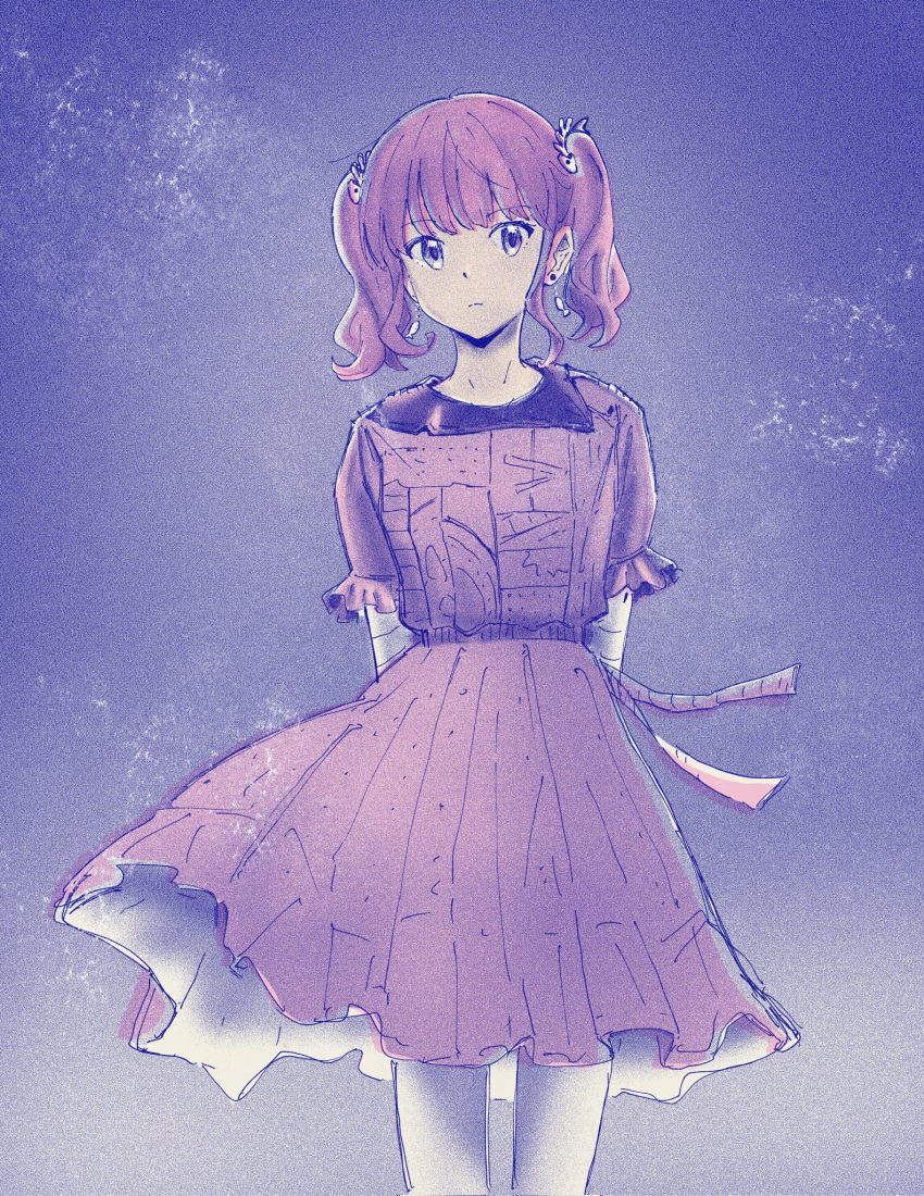 1girl, arms_behind_back, closed_mouth, commentary, dress, earrings, girls_band_cry, grey_eyes