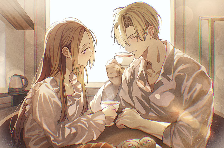 1boy, 1girl, blonde_hair, chair, closed_mouth, collarbone, collared_shirt, couple