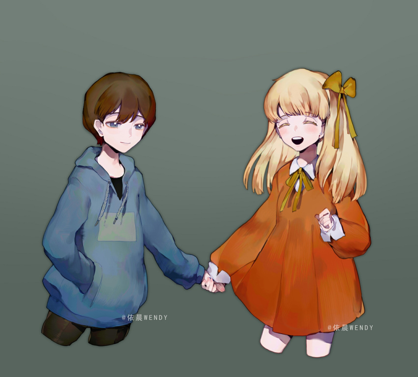 1boy, 1girl, ^_^, artist_name, black_pants, black_shirt, blonde_hair, blue_eyes