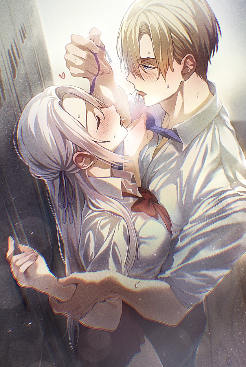1boy, 1girl, blonde_hair, blue_eyes, blue_necktie, blurry, blurry_background, blurry_foreground, blush, bow, bowtie, breast_press, breasts, closed_eyes, collared_shirt, couple, dimitri_alexandre_blaiddyd, ear_blush, edelgard_von_hresvelg, face-to-face, fire_emblem, fire_emblem:_three_houses, from_side, hair_ribbon, hands_up, hetero, highres, holding, holding_another's_wrist, holding_ribbon, implied_kiss, indoors, korean_commentary, large_breasts, long_hair, looking_down, necktie, necktie_grab, neckwear_grab, pants, parted_bangs, pinned, purple_ribbon, red_bow, red_bowtie, ribbon, saliva, saliva_trail, school_uniform, shirt, short_hair, skirt, soma_otakuu, standing, sweat, tongue, tongue_out, white_hair, white_shirt