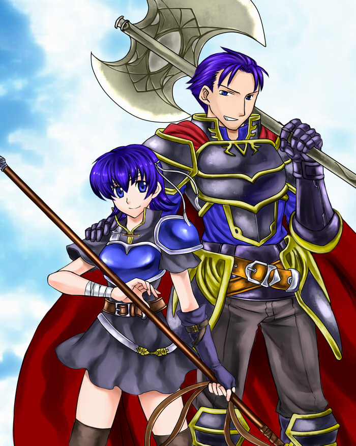 74, armor, axe, belt, blue_eyes, blue_hair, boots, cape