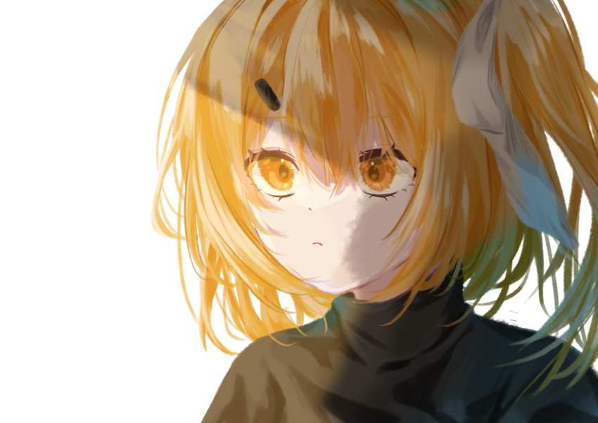 1girl, a.i._voice, absurdres, adachi_rei, black_shirt, closed_mouth, hair_ornament, hair_ribbon