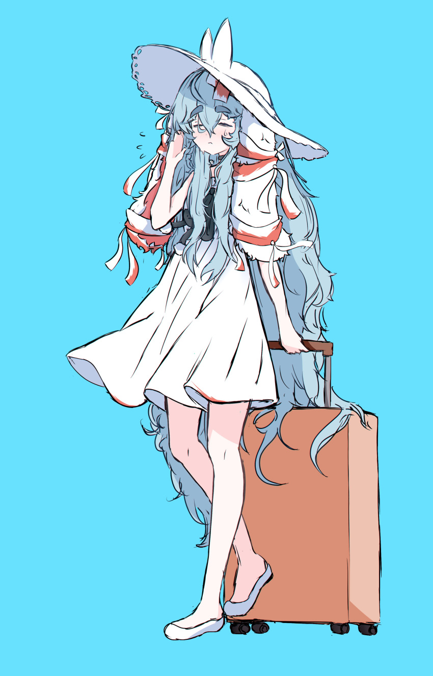 1girl, absurdres, ahoge, animal_ears, arm_up, bandaged_ear, black_ribbon, blue_background