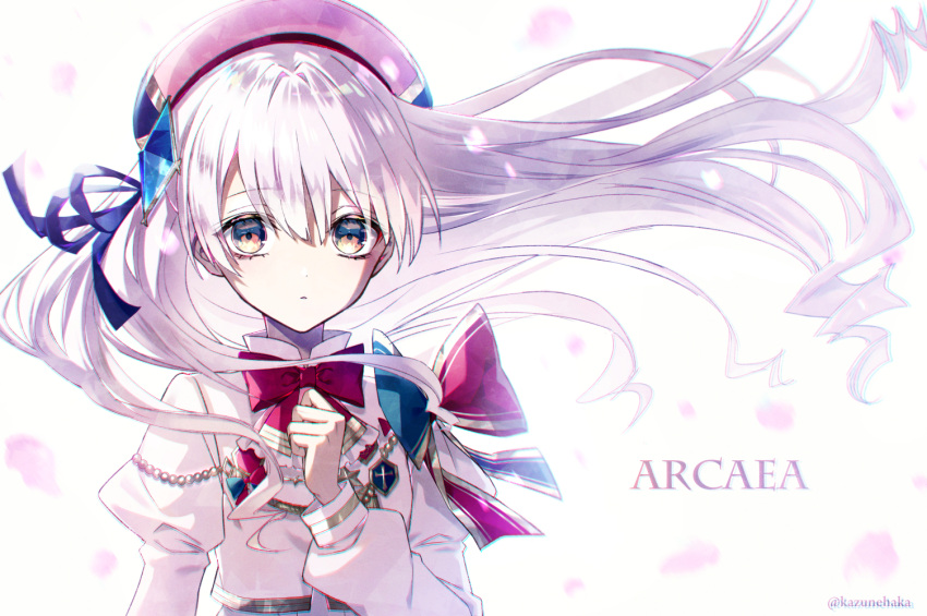 1girl, arcaea, badge, beret, black_eyes, blue_bow, blue_gemstone, blue_hat