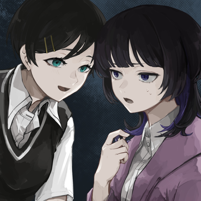 2girls, aqua_eyes, black_hair, black_sweater_vest, blunt_bangs, blush, collared_shirt, colored_inner_hair