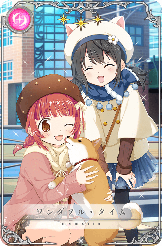 2girls, ^_^, akino_kaede, akino_kaede_(winter_costume), animal_ear_headwear, animal_ears, animal_hug, artist_request, beads, beret, black_hair, black_pantyhose, blue_bow, blue_scarf, blue_skirt, blue_sky, boots, bow, braid, brown_eyes, brown_footwear, brown_hat, brown_skirt, brown_sweater, building, buttons, cat_ears, chiaki_riko, chiaki_riko_(winter_costume), closed_eyes, day, dog, dot_nose, fake_animal_ears, feet, flower, frilled_bow, frills, game_cg, hair_bow, hands_on_own_thighs, happy, hat, hat_flower, jacket, jewelry, knee_boots, layered_sleeves, licking, licking_another's_face, light_blush, loose_hair_strand, low_twin_braids, low_twintails, magia_record:_mahou_shoujo_madoka_magica_gaiden, mahou_shoujo_madoka_magica, miniskirt, multiple_girls, official_alternate_costume, official_art, one_eye_closed, open_mouth, outdoors, pantyhose, pink_jacket, pleated_skirt, pom_pom_(clothes), power_lines, redhead, ring, scarf, shiba_inu, short_twintails, skirt, sky, sleeves_past_wrists, smile, sparkle, squatting, sweater, sweater_jacket, tareme, translated, twin_braids, twintails, white_bow, white_flower, white_hat, white_poncho, white_scarf, winter_clothes