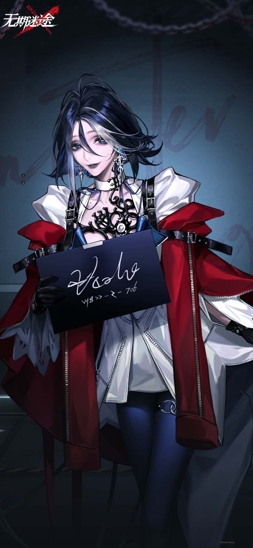 1girl, absurdres, adela_(path_to_nowhere), against_wall, black_gloves, blue_eyes, blue_hair, blue_pantyhose