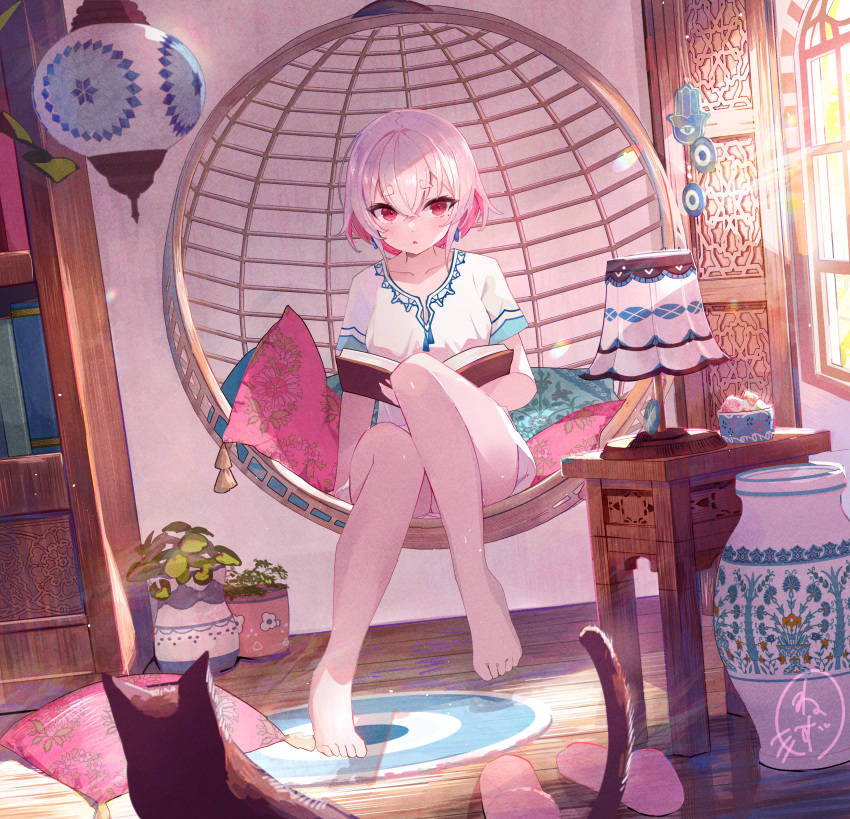 1girl, absurdres, barefoot, book, bookshelf, cat, colored_inner_hair, earrings
