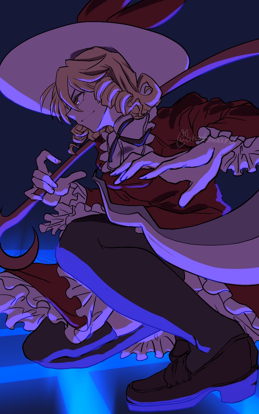 1girl, ahodemoaru, black_thighhighs, blonde_hair, brown_footwear, closed_mouth, commentary_request, curly_hair