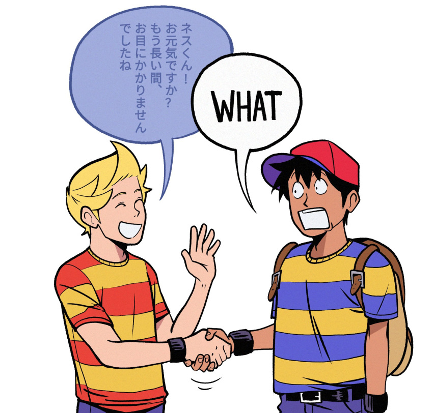 2boys, backpack, bag, black_hair, blonde_hair, blue_shirt, closed_eyes, commentary