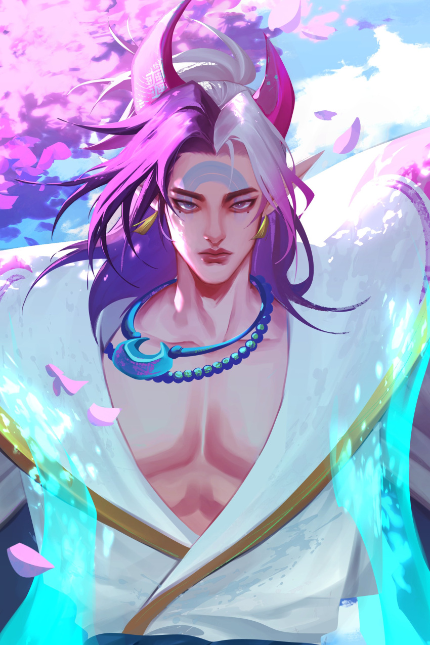 1boy, abs, absurdres, aphelios, asymmetrical_horns, bead_necklace, beads, cherry_blossoms